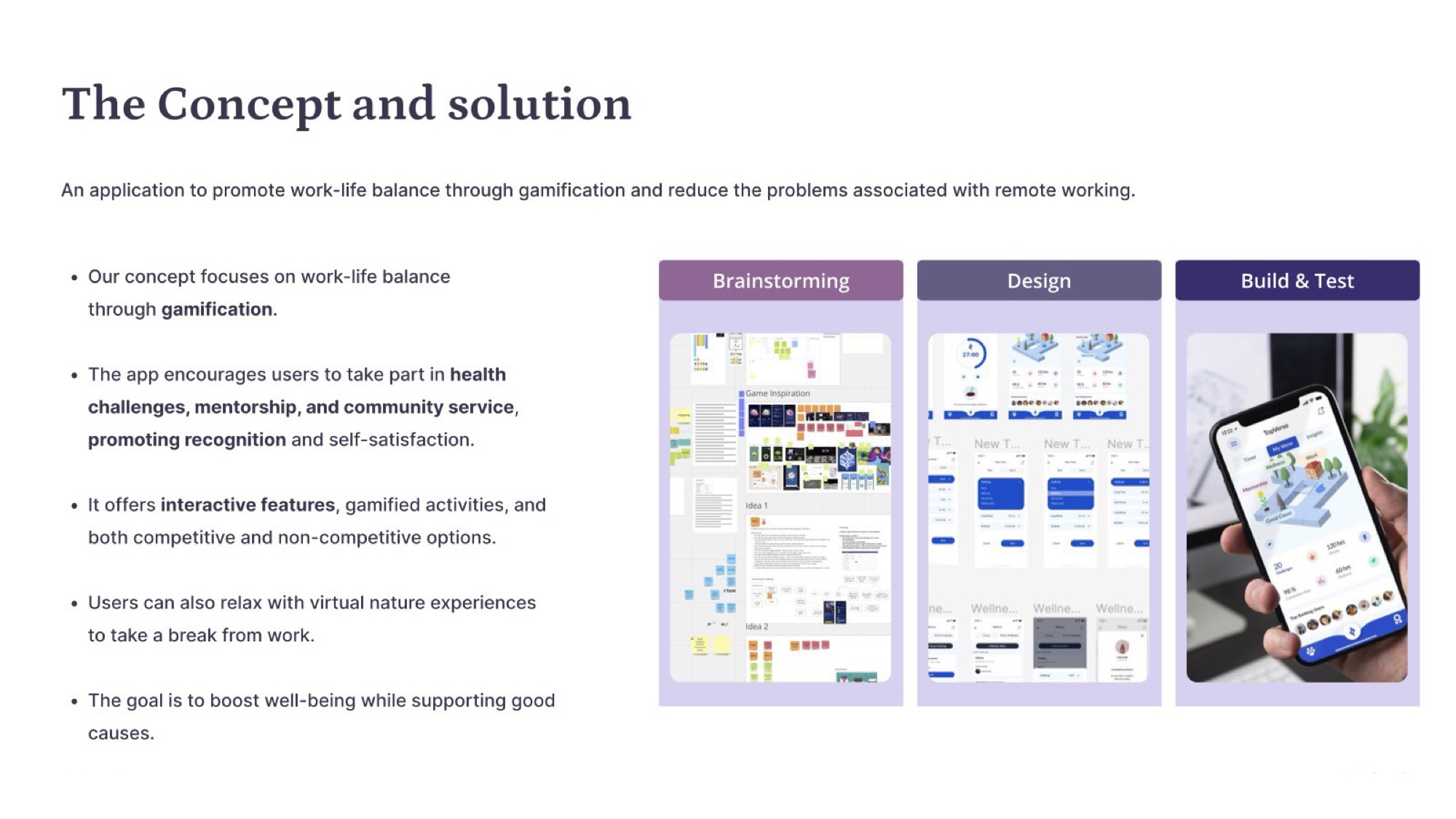 Concept slide — gamified work-life balance through health challenges, mentorship, community service, and virtual nature.